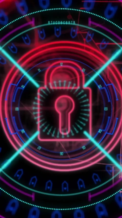 Animation of padlock icon, scope scanning and data processing Stock Footage 343720939