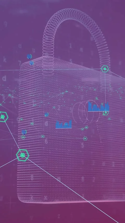 Animation of padlock, icons and data processing over network of connections Stock Footage 323341377