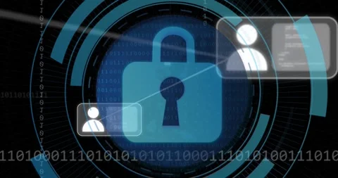 Animation of padlock in loading circles, binary codes in globe, computer Stock Footage 250591809