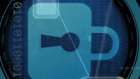 Animation of padlock in loading circles, binary codes in globe, computer Stock Footage 312773503