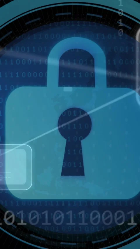 Animation of padlock in loading circles, binary codes in globe, computer Stock Footage 320921567