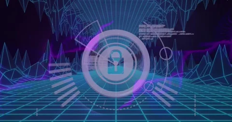 Animation of padlock in loading circles, dynamic waves, computer language over Stock Footage 247123866