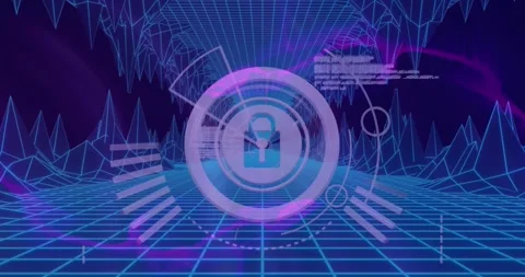 Animation of padlock in loading circles, dynamic waves, computer language over Stock Footage 247123884