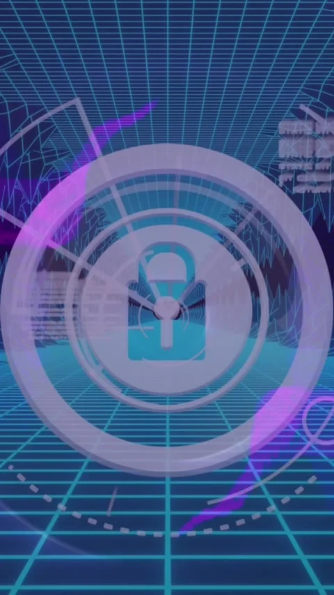 Animation of padlock in loading circles, dynamic waves, computer language over Stock Footage 321039226