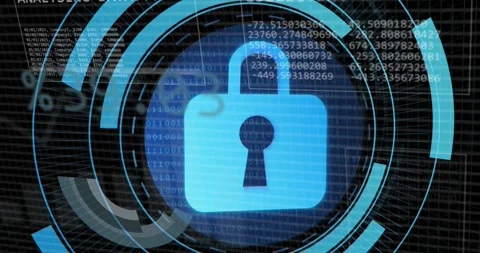 Animation of padlock in loading circles, graph and trading board over black Stock Footage 325704398