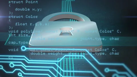Animation of a padlock with microprocessor connections and data and information Stock Footage 147870041