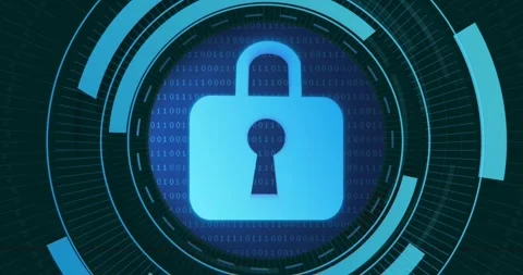 Animation of padlock in moving circles with binary codes Stock Footage 249251886