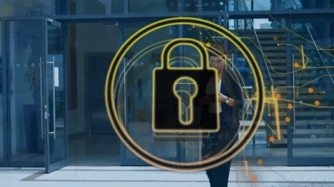 Animation of padlock, navigation pattern, biracial woman using cellphone while Stock Footage 253467703