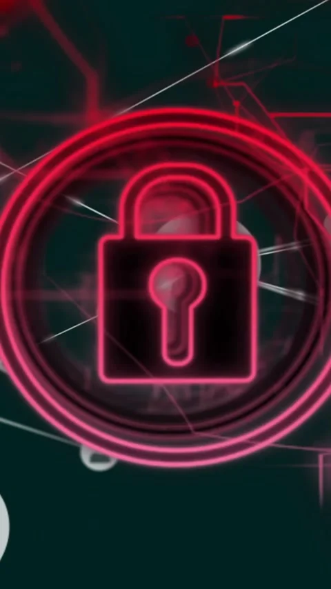 Animation of padlock, network of connections with icons and data processing over Stock Footage 320759719