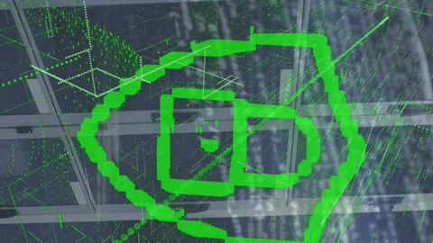 Animation of padlock in shield, abstract pattern and programming language over Stock Footage 312422679
