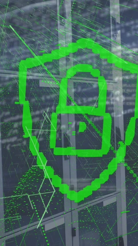 Animation of padlock in shield, abstract pattern and programming language over Stock Footage 321991198