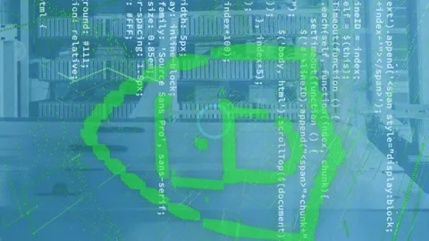 Animation of padlock in shield, computer language over bars on data server room Stock Footage 312966282