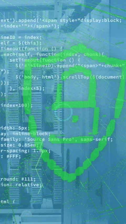 Animation of padlock in shield, computer language over bars on data server room Stock Footage 320983534