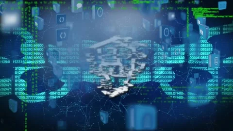 Animation of padlock in shield, computer language, changing numbers blockchain, Stock Footage 328300068