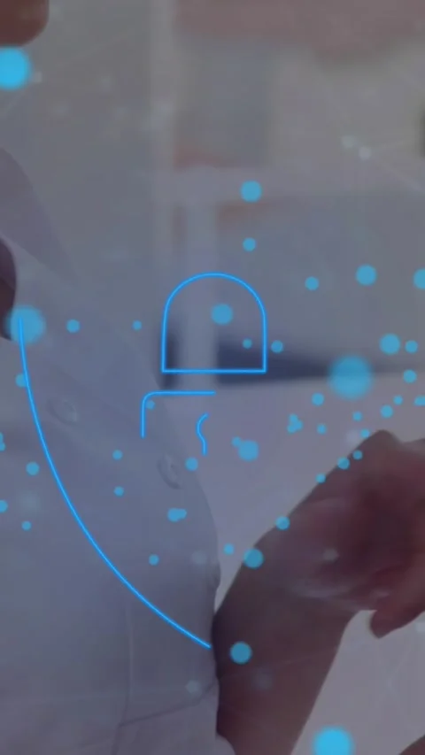 Animation of padlock in shield, connected icons forming globe, dots, caucasian Stock Footage 344557041