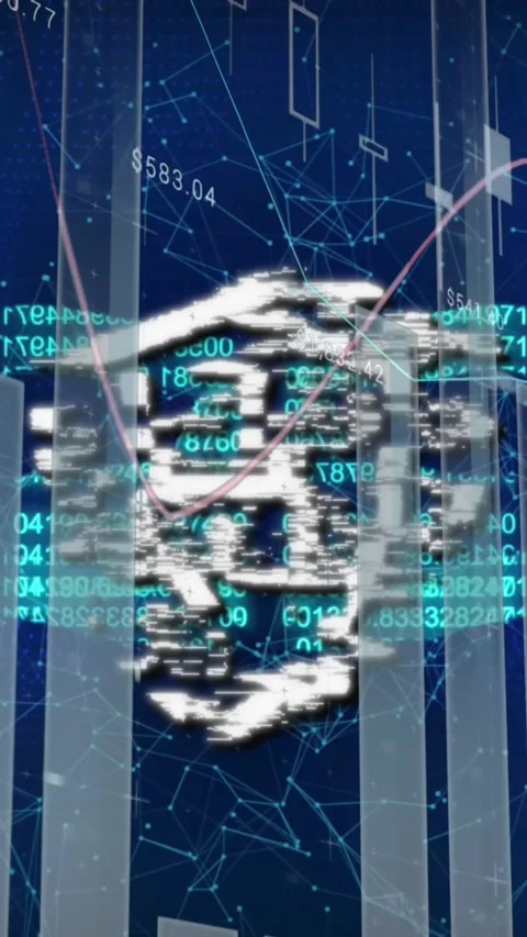 Animation of padlock in shield with graphs and binary codes forming chain over Stockbeeldmateriaal 344774932