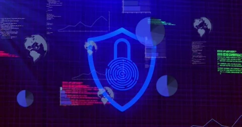 Animation of padlock in shield, graphs, globes and computer language over black Stock Footage 328709997