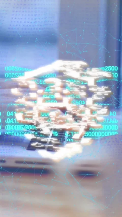 Animation of padlock in shield, numbers in blockchain, connected dots, cropped Stock Footage 343091441