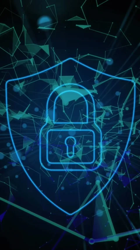 Animation of padlock in shield over connected dots forming geometric shapes Stock Footage 320288914