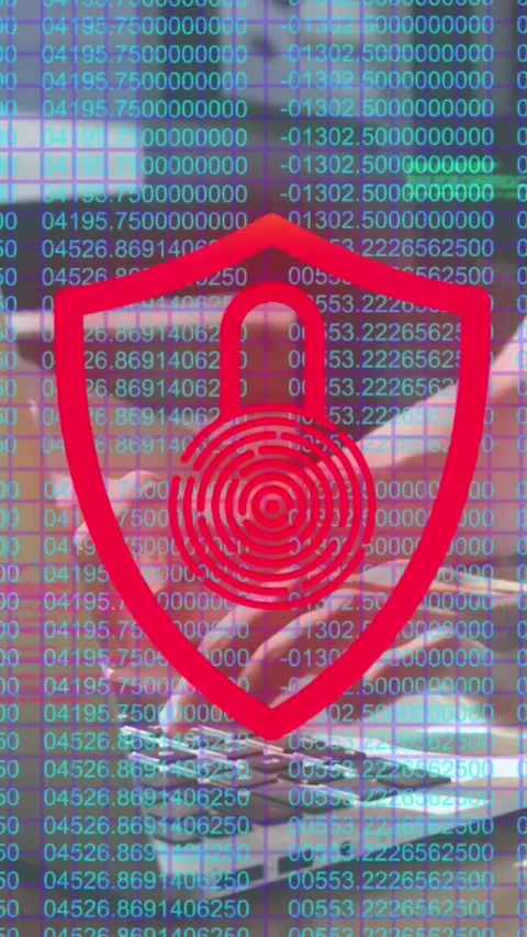 Animation of padlock in shield over numbers against caucasian woman using laptop Stock Footage 321172098