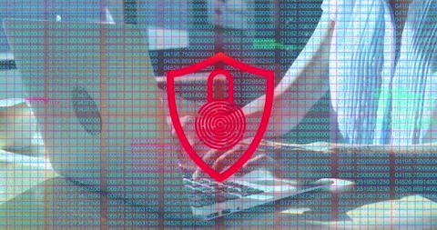 Animation of padlock in shield over numbers against caucasian woman using laptop Stock Footage 329418252