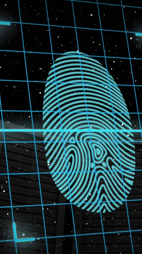 Animation of padlock in shields, scanning fingerprint over low angle view of Stock Footage 320215590