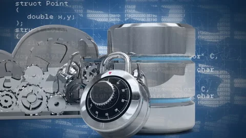 Animation of padlock, silver cogs and server over data processing Stock Footage 149717212