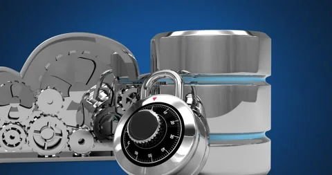 Animation of padlock, silver cogs and server over blue background Stock Footage 149717262