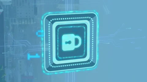 Animation of padlock in squares over binary codes against modern cityscape Stock Footage 312488838