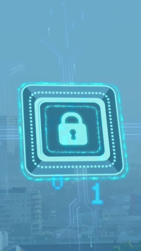 Animation of padlock in squares over binary codes against modern cityscape Stock Footage 321111061