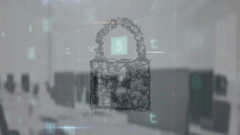 Animation of padlock, warning text and digital data processing over office Stock Footage 310589889