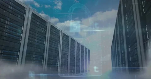 Animation of padlock, warning text and data processing over computer servers in Stock Footage 329568247