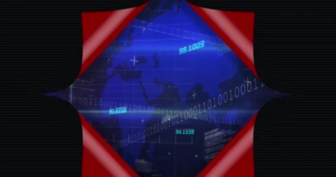 Animation of paper opening over map, binary codes, programming language on Stock Footage 327964969