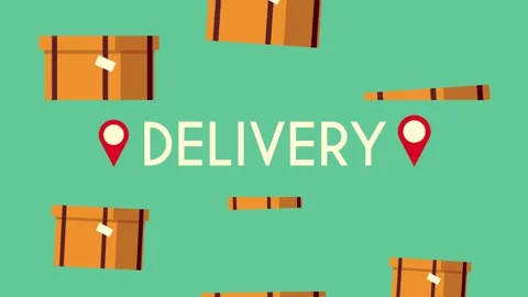Animation of parcel boxes falling down around a delivery text label against.. Stock Footage 339113407
