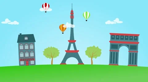 Animation of Paris. Eiffel tower, triumph arch and air baloons Stock Footage 68889929