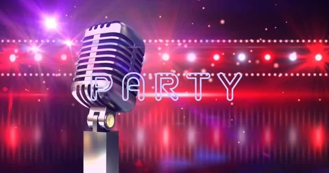 Animation of part text and retro microphone over glowing spots of light Stock Footage 329104775