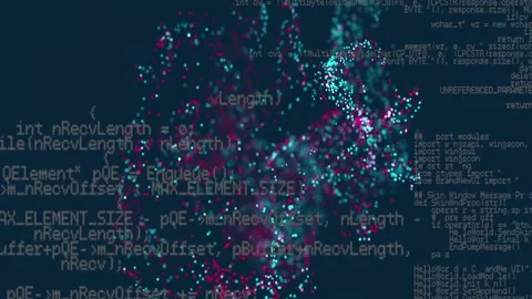 Animation of particles forming abstract pattern over computer language on black Stock Footage 233849286