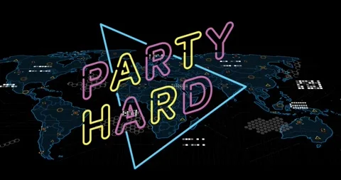 Animation of party hard and triangle over world map with icons on black Stock Footage 328354091