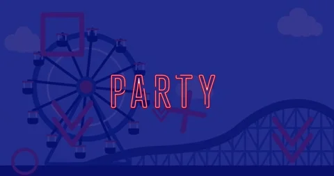 Animation of party text with geometric shapes over amusement park rides Stock Footage 247316353