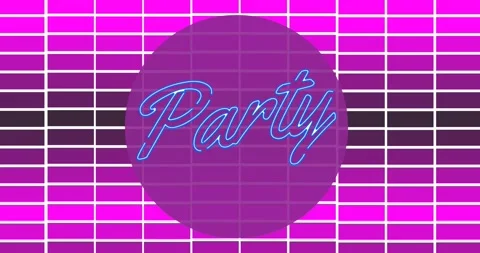 Animation of party text in purple circle over pink checked background Video stock 162759651