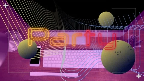 Animation of party text in red and yellow neon, spheres and parallel lines over Stock Footage 165162247
