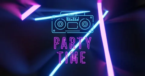 Animation Of Party Time, Radio And Neon  