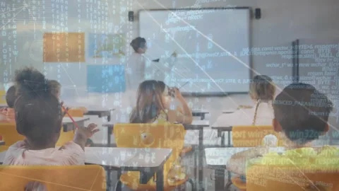 Animation of pattern and data processing over friends using tablet Stock Footage 328414548