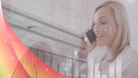 Animation of pattern and financial data processing over woman using smartphone Stock Footage 326411687