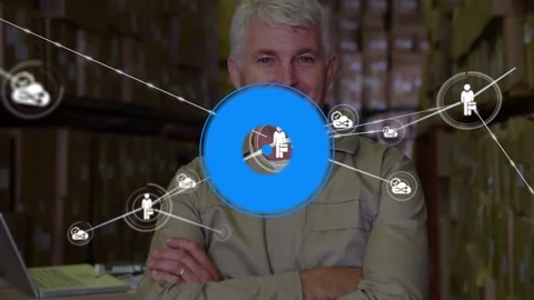 Animation of pattern and network of connections over smiling caucasian man in Stock Footage 327961362