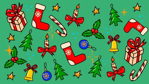Animation of pattern with doodle style christmas elements. Bells, presents, c Stock Footage 142895710