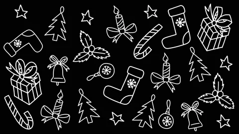 Animation of pattern with doodle style christmas elements. Bells, presents, c Stock Footage 142895939