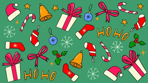 Animation of pattern with doodle style christmas elements. Bells, presents, c Stock Footage 142895958
