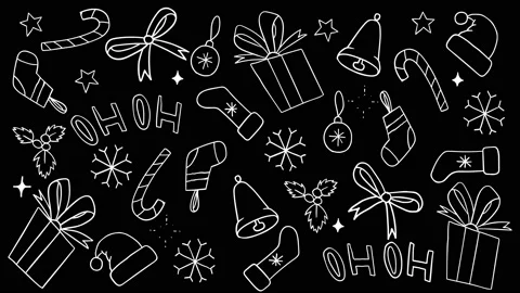 Animation of pattern with doodle style christmas elements. Bells, presents, c Stock Footage 142896099