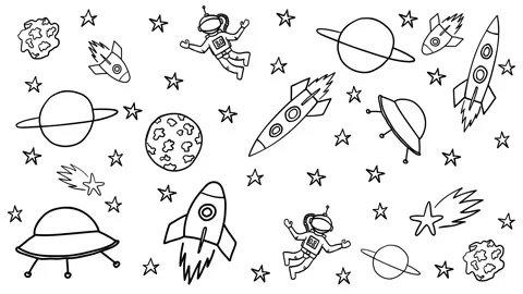 Animation of pattern with doodle style space elements. Rockets, planet, stars Stock Footage 142225521